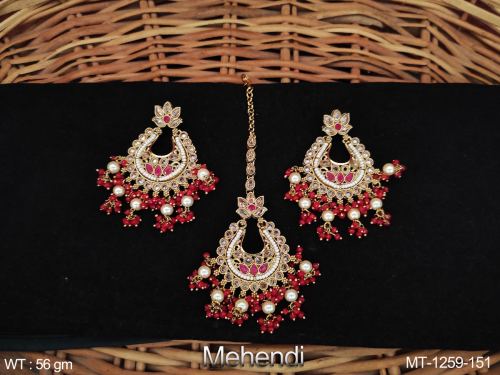 Party Wear Antique Maang Tikka with Pearls in Ruby, photo 2 of 2