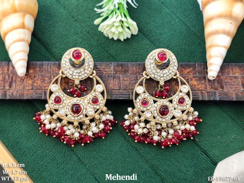 Pearl Chandbali Earrings in Mehendi Finish in Ruby, photo 2 of 8