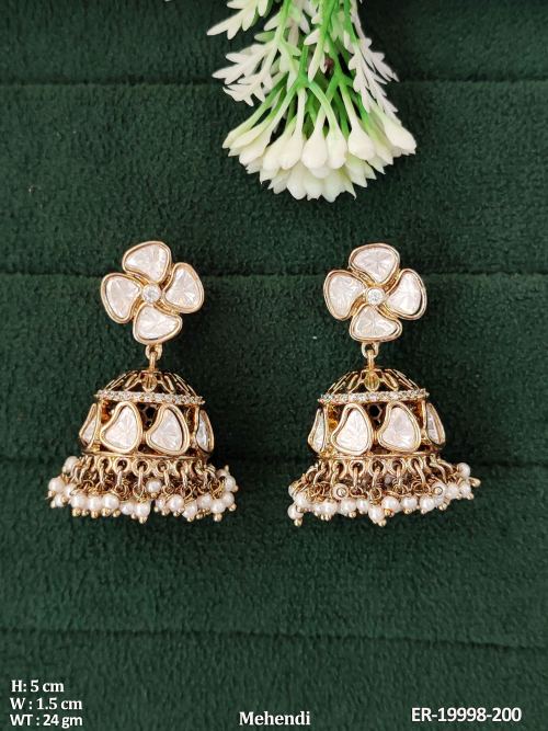Kundan Stone-Studded Jhumka Earrings in Mehendi Finish in White, photo 2 of 3