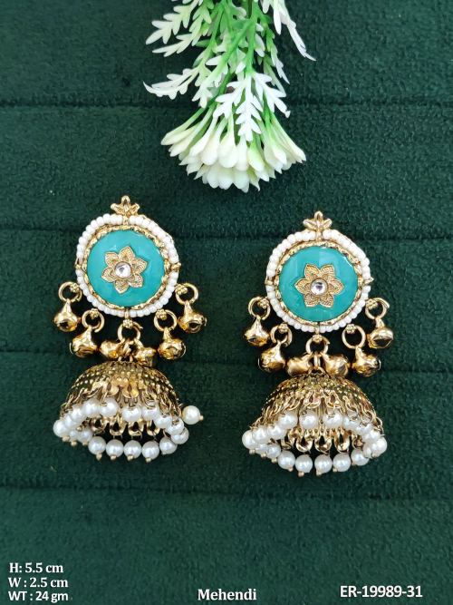Pearl Jhumka Earrings in Mehendi Finish in Feroza, photo 3 of 7