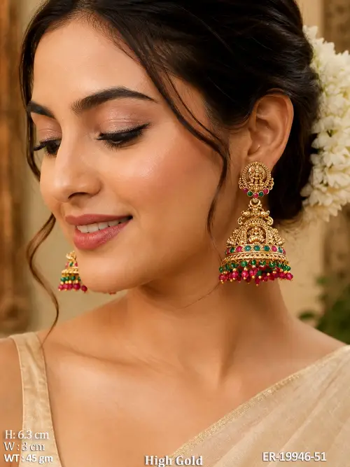 Stone-Studded Lakshmi Jhumka Earrings