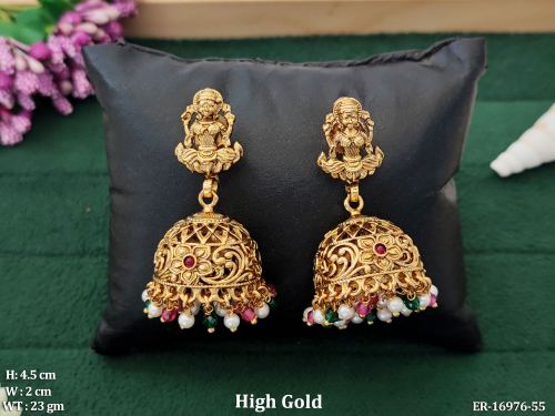 Temple Stone-Studded Jhumka Earrings in Ruby Green, photo 3 of 5