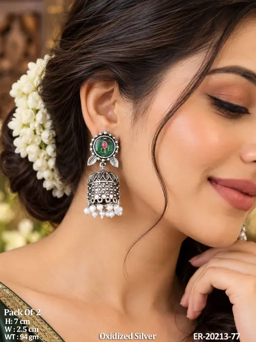 Oxidized Silver Full Stone Pearl Jhumka Earrings