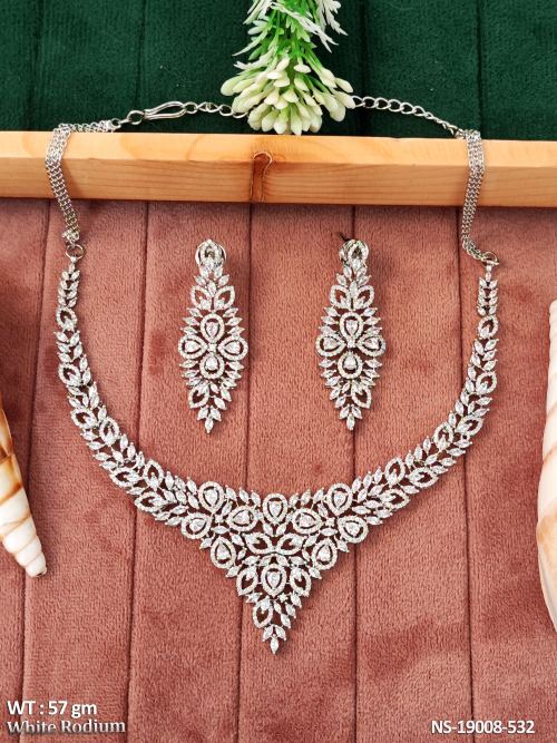 Leaf Necklace Set with American Diamond Stones in White Finish, photo 2 of 3