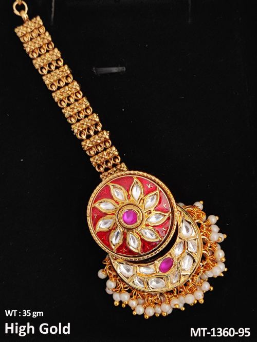Classic Kundan Pearl Maang Tikka in Ruby, photo 2 of 4