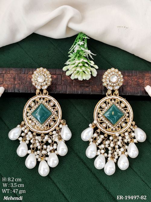 Pearl Drop Earrings in Mehendi Finish in Light Green, photo 2 of 3