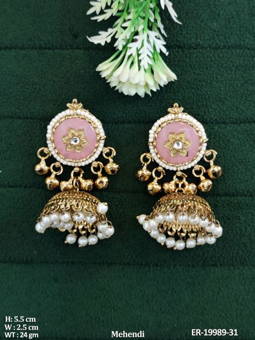 Pearl Jhumka Earrings in Mehendi Finish in Pink, photo 4 of 7