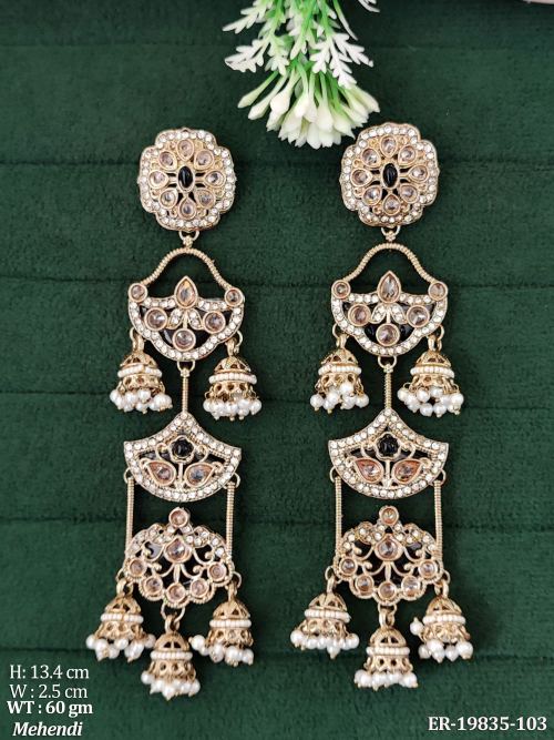 Jhumka Earrings with Pearls in Mehendi Finish in Black, photo 2 of 9