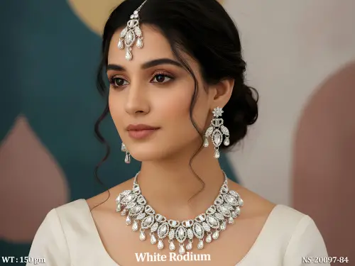 Antique Stone-Studded Necklace Set with Earrings in White Finish