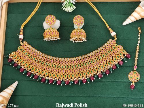 Necklace Set with Earrings with Stone Work in Rajwadi Finish in Ruby Green, photo 5 of 7
