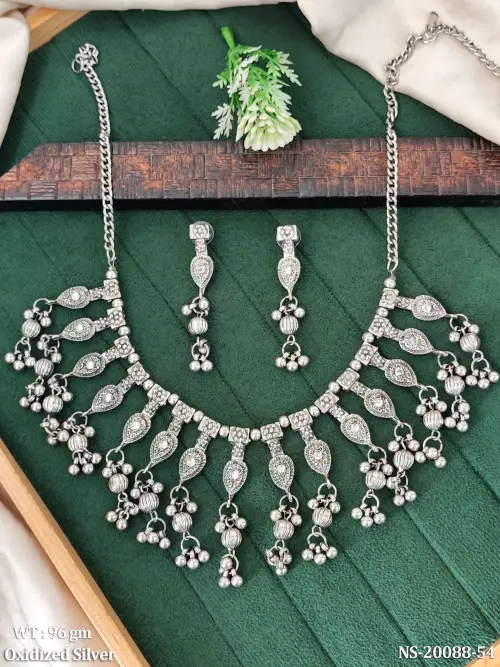 Oxidised Finish Stone-Studded Necklace Set with Earrings for Women, photo 2 of 2