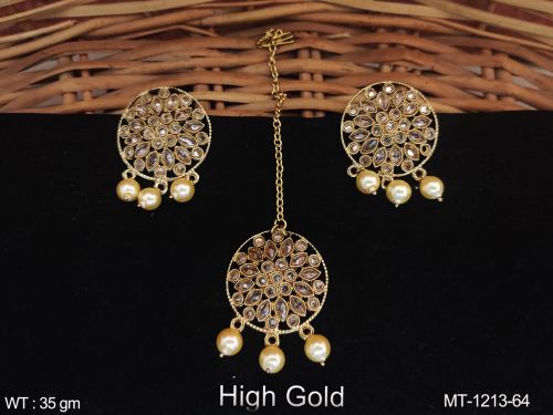 High Gold Polish Clustered Pearl Designer Antique Maang Tikka with Earring