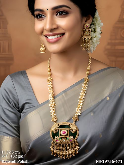 Temple Stone-Studded Necklace Set with Earrings in Rajwadi Finish
