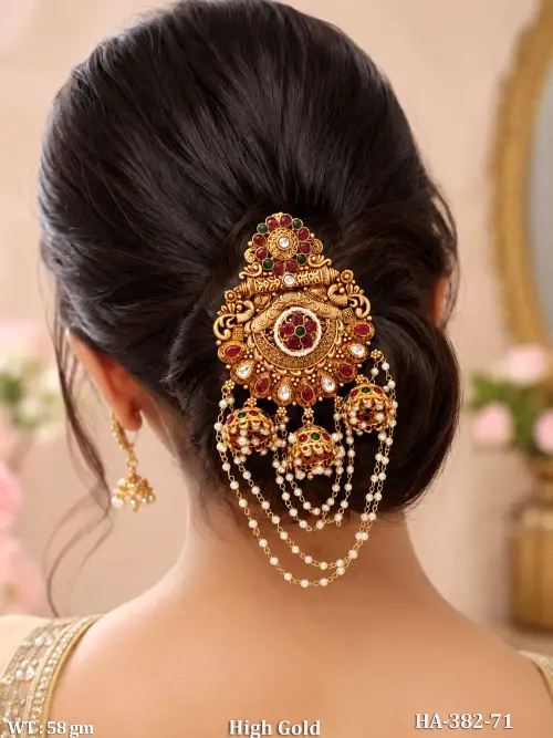 High Gold Antique Floral Juda Pin with Pearl Jhumki