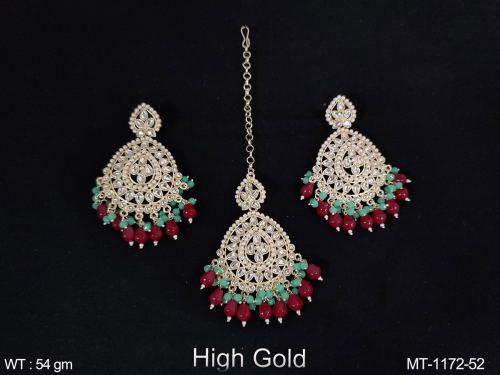 High Gold Polish Party wear Designer Fancy Style Antique Maang Tikka with Earring