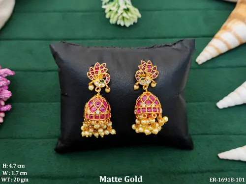 Matte Finish Stone-Studded Jhumka Earrings
