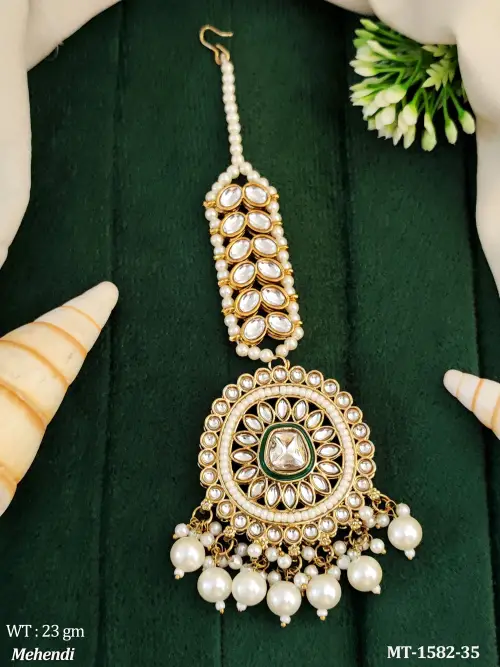 Antique Mehendi Full Stone Clustered Pearl Party Wear Maang Tikka   