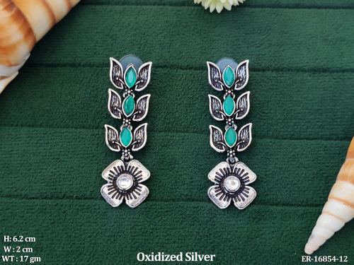 Oxidised Finish Leaf and Flower Drop Earrings in Green, photo 2 of 5