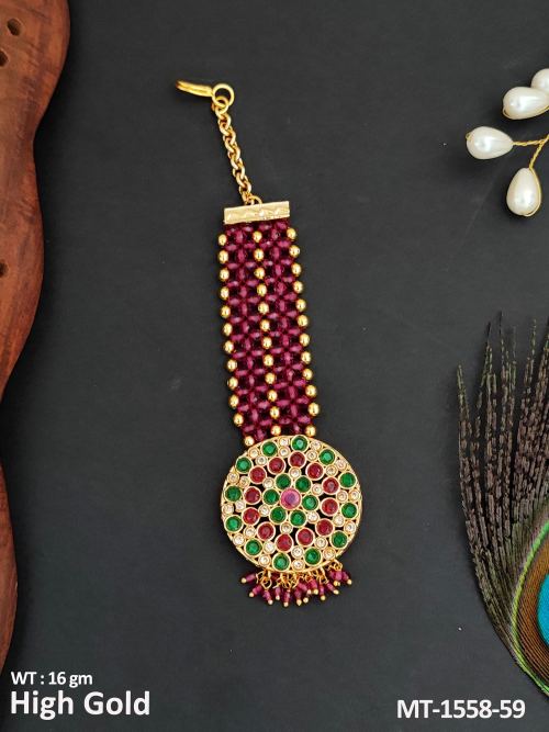 Stone-Studded Antique Maang Tikka in Ruby Green, photo 5 of 9