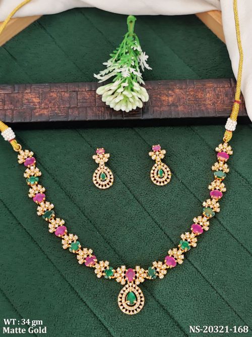 Matte Finish Stone-Studded Necklace Set with Earrings for Women