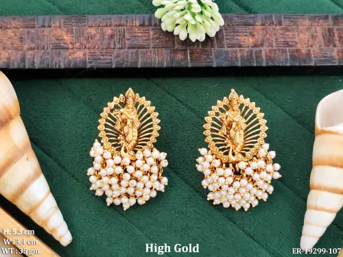 Festive Temple Pearl Cluster Earrings with Stone Work