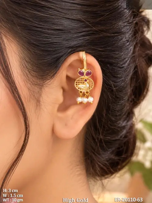 Pearl Bugadi Dangler Earrings with Peacock Design