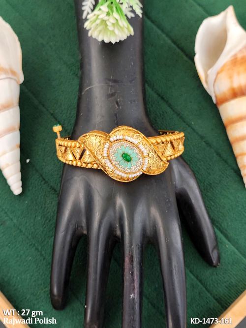 Stone-Studded Antique Kada for Women in Mint Green, photo 3 of 4