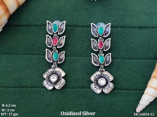 Oxidised Finish Leaf and Flower Drop Earrings in Ruby Green, photo 4 of 5