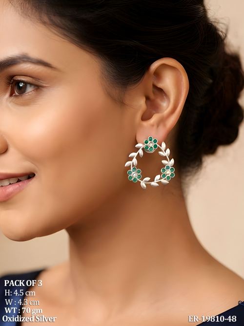 Leaf Earrings with Stone Work in Oxidised Finish