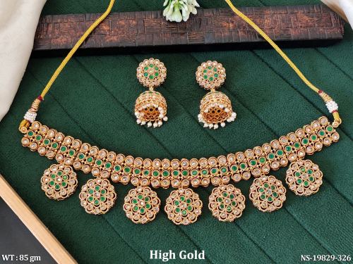 Stone-Studded Ethnic Necklace Set with Earrings for Women in Green, photo 3 of 5
