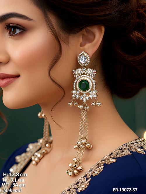 Earrings with Stone Work in Mehendi Finish in Green, photo 3 of 9