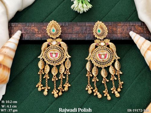 Rajwadi Finish Stone-Studded Chandbali Earrings in Ruby Green, photo 2 of 4