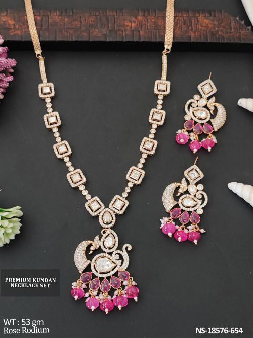 Pearl Necklace Set with Earrings in Rose Finish