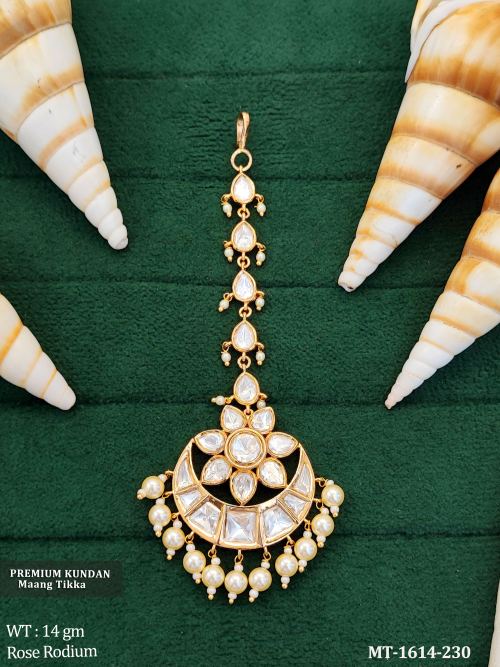 Stone-Studded Floral Maang Tikka in Rose Finish in Pearl, photo 2 of 6