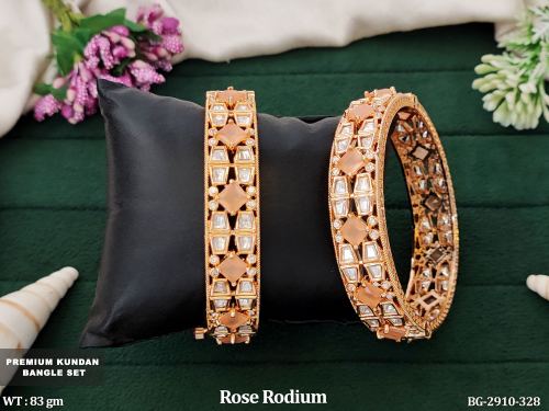 Rose Finish Stone-Studded Bangles for Women Set of 2 in Peach / 2 X 6, photo 4 of 5