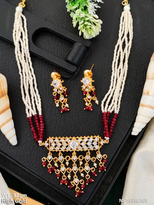 AD Beaded Necklace Set for Women in Ruby, photo 2 of 5