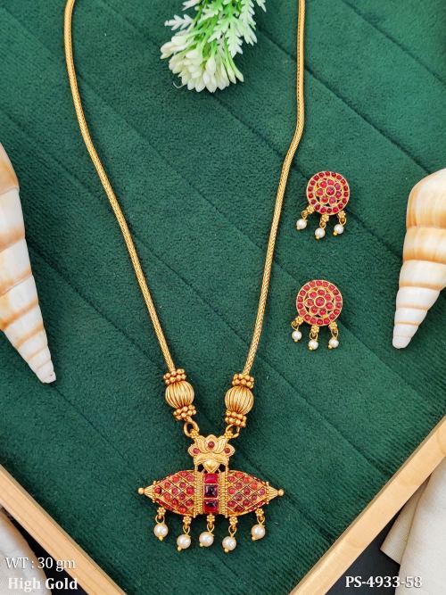 High Gold Green Stone Traditional Pendant Set with Earrings