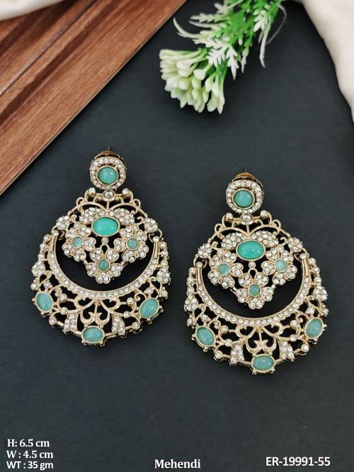 Mehendi Finish Stone-Studded Chandbali Earrings in Mint Green, photo 6 of 8