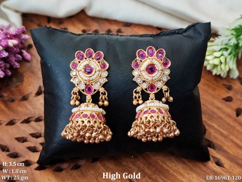 Party Wear Antique Stone-Studded Jhumka Earrings in Ruby, photo 2 of 5