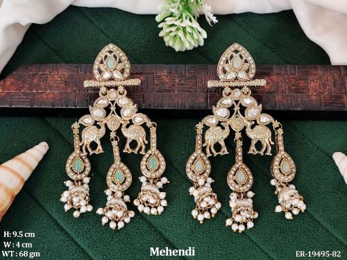 Mehendi Finish Antique Jhumka Earrings for Women in Mint Green, photo 4 of 5