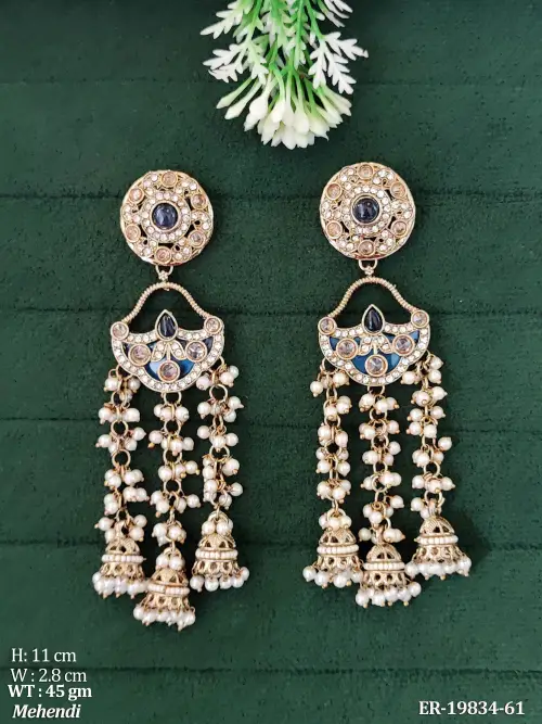 Long Stone-Studded Jhumka Earrings for Women