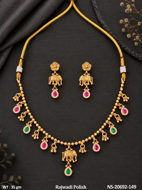Stone-Studded Elephant Necklace Set in Rajwadi Finish, photo 3 of 3