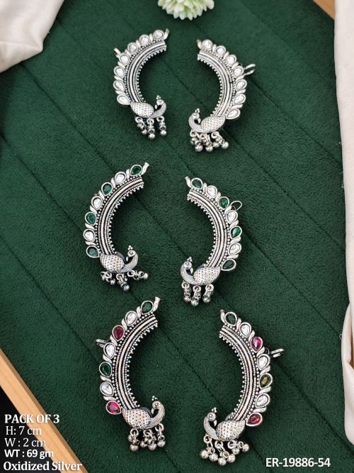 Stone-Studded Peacock Ear Cuff Earrings Set of 3, photo 2 of 3