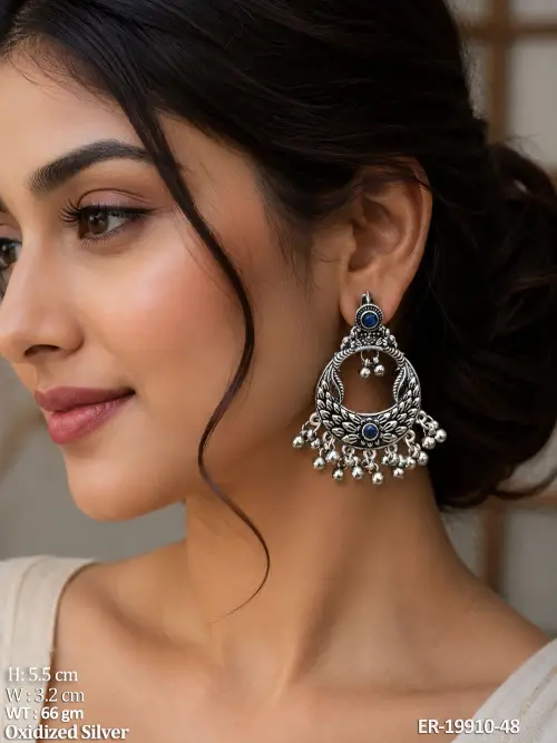 Stone-Studded Chandbali Earrings in Oxidised Finish Set of 3
