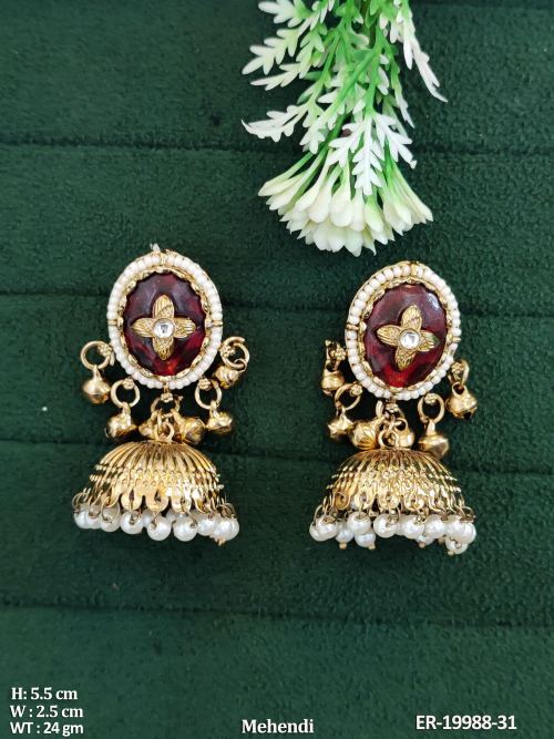 Antique Jhumka Earrings with Pearls in Ruby, photo 4 of 7