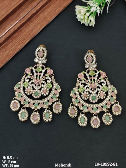 Mehendi Finish Statement Earrings for Women in Mint Green Pink, photo 6 of 7