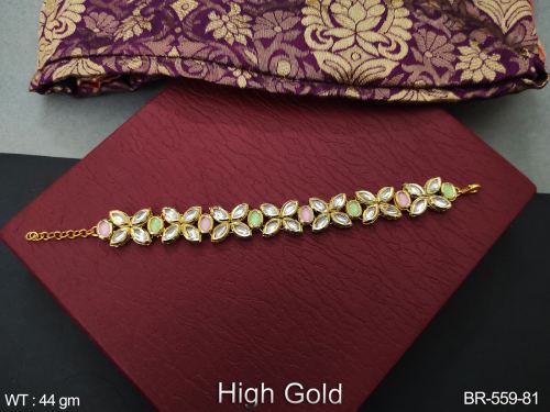 Classic Party Wear Kundan Bracelet for Women in Mint Green Pink, photo 8 of 8