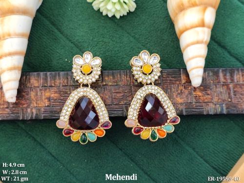 Mehendi Finish Kundan Stone-Studded Drop Earrings for Women, photo 2 of 2
