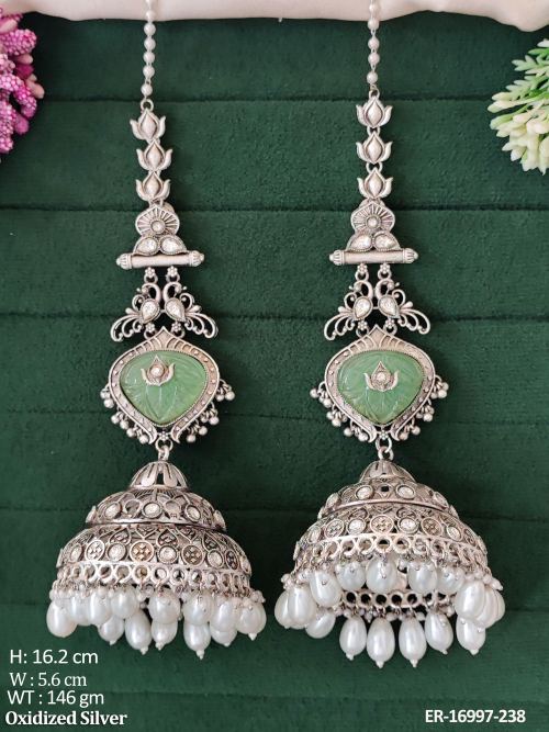 Oxidised Pearl Jhumka Earrings with Ear Chains in Mint Green, photo 4 of 5