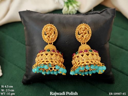 Rajwadi Finish Temple Jhumka Earrings with Bead Drops